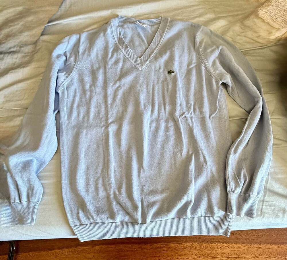 Lacoste Men's V-Neck 100% Cotton Long Sleeve Pullover Sweater in Light Blue, Sty